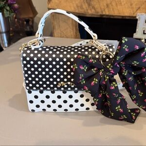 New! Betsey Johnson Black and White Polka Dot Shoulder Bag with Floral Bow
